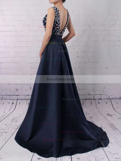 A-line V-neck Satin Sweep Train Beading Prom Dresses #Favs020103534