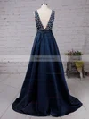 A-line V-neck Satin Sweep Train Beading Prom Dresses #Favs020103534