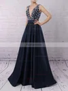 A-line V-neck Satin Sweep Train Beading Prom Dresses #Favs020103534