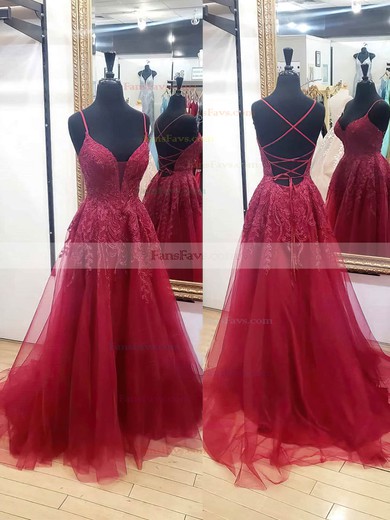 A-line V-neck Tulle Sweep Train Appliques Lace Prom Dresses #Favs020106992