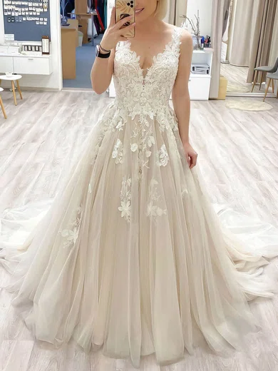 A-line V-neck Tulle Sweep Train Beading Prom Dresses #Favs020106993