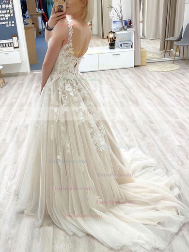 A-line V-neck Tulle Sweep Train Beading Prom Dresses #Favs020106993