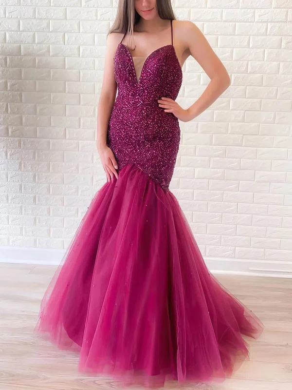 Trumpet/Mermaid V-neck Organza Sweep Train Beading Prom Dresses #Favs020106995