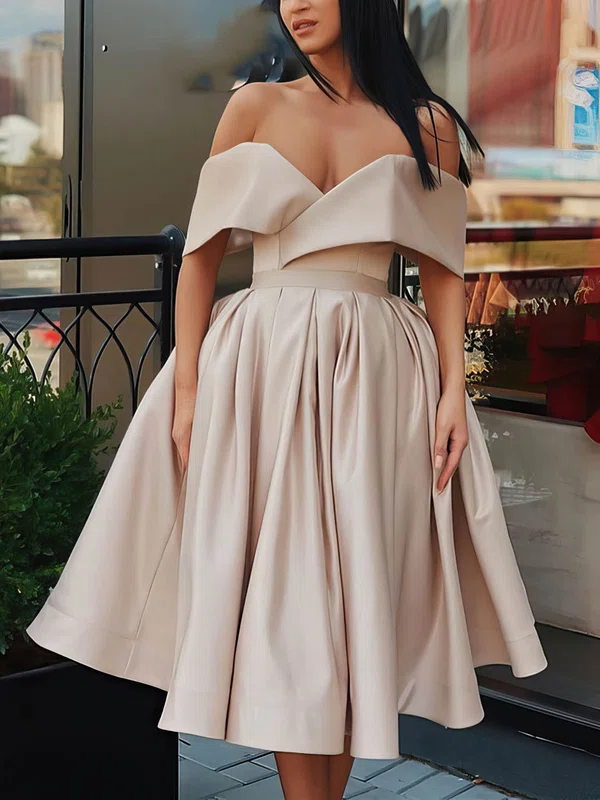 A-line Off-the-shoulder Silk-like Satin Knee-length Ruffles Prom Dresses #Favs020107001