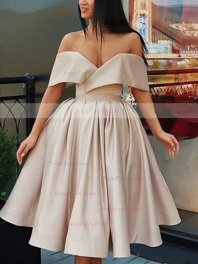 A-line Off-the-shoulder Silk-like Satin Knee-length Ruffles Prom Dresses #Favs020107001