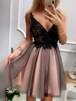 A-line V-neck Tulle Short/Mini Beading Prom Dresses #Favs020107002