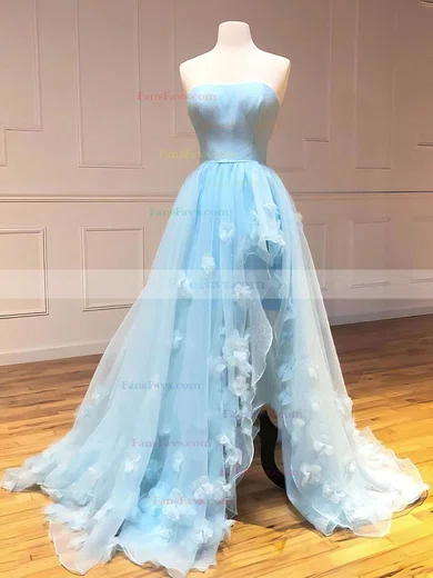 A-line Strapless Tulle Sweep Train Flower(s) Prom Dresses #Favs020107003