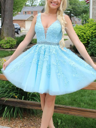 A-line V-neck Tulle Short/Mini Beading Prom Dresses #Favs020107010 A-line V-neck Tulle Short/Mini Beading Prom Dresses #Favs020107010