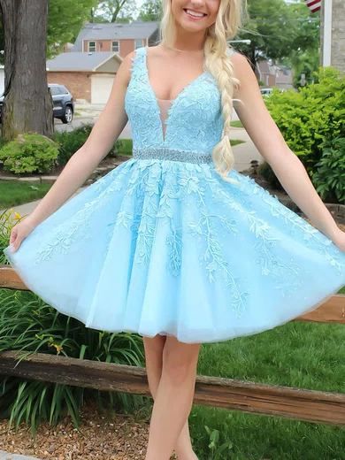A-line V-neck Tulle Short/Mini Beading Prom Dresses #Favs020107010
