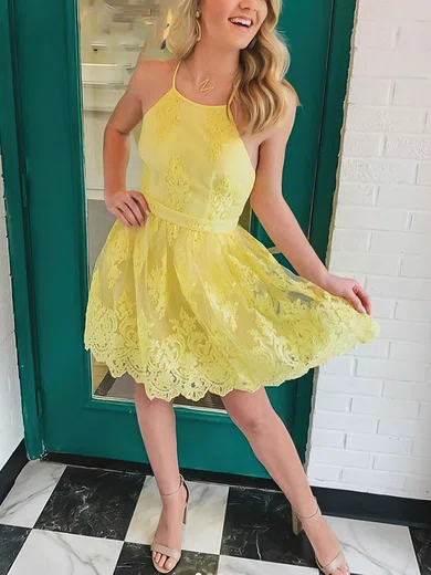 A-line Square Neckline Tulle Short/Mini Appliques Lace Prom Dresses #Favs020107014