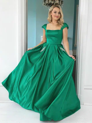 A-line Square Neckline Satin Sweep Train Beading Prom Dresses #Favs020107015