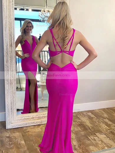 Sheath/Column V-neck Jersey Sweep Train Ruffles Prom Dresses #Favs020107016