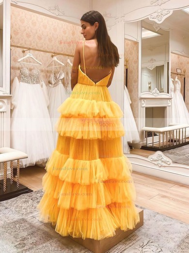 Princess V-neck Tulle Sweep Train Tiered Prom Dresses #Favs020107018