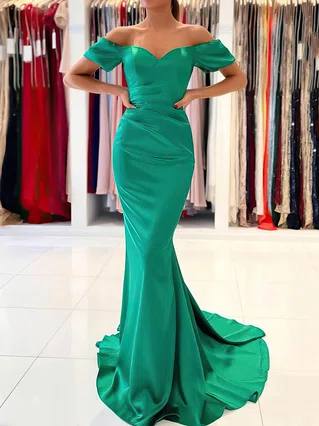Trumpet/Mermaid Off-the-shoulder Silk-like Satin Sweep Train Ruffles Prom Dresses #Favs020107019