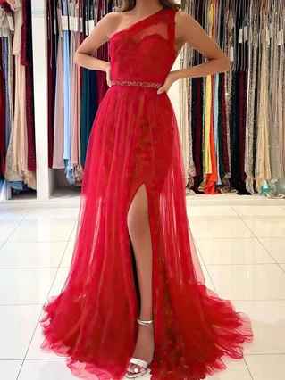 A-line One Shoulder Tulle Sweep Train Beading Prom Dresses #Favs020107020