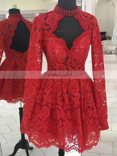 A-line High Neck Lace Short/Mini Beading Prom Dresses #Favs020107023