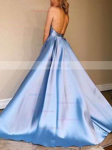 A-line Halter Satin Sweep Train Pockets Prom Dresses #Favs020107024