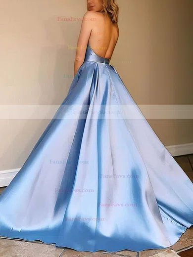 A-line Halter Satin Sweep Train Pockets Prom Dresses #Favs020107024