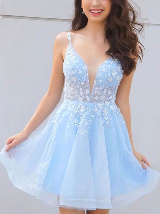 A-line V-neck Tulle Short/Mini Appliques Lace Prom Dresses #Favs020107027 A-line V-neck Tulle Short/Mini Appliques Lace Prom Dresses #Favs020107027