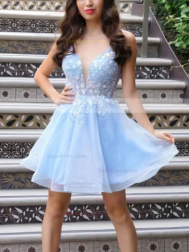 A-line V-neck Tulle Short/Mini Appliques Lace Prom Dresses #Favs020107027