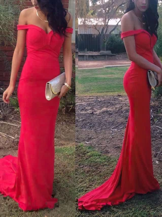 Sheath/Column Off-the-shoulder Silk-like Satin Sweep Train Ruffles Prom Dresses #Favs020102332 Sheath/Column Off-the-shoulder Silk-like Satin Sweep Train Ruffles Prom Dresses #Favs020102332