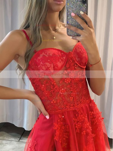 A-line Sweetheart Tulle Glitter Sweep Train Appliques Lace Prom Dresses #Favs020107028