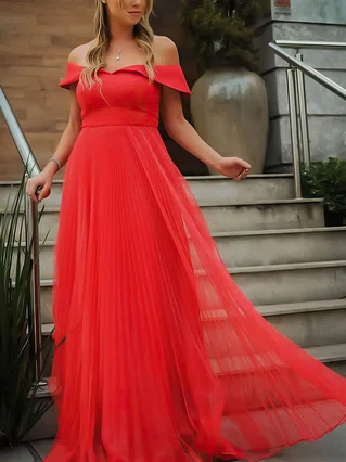 A-line Off-the-shoulder Tulle Sweep Train Prom Dresses #Favs020107031