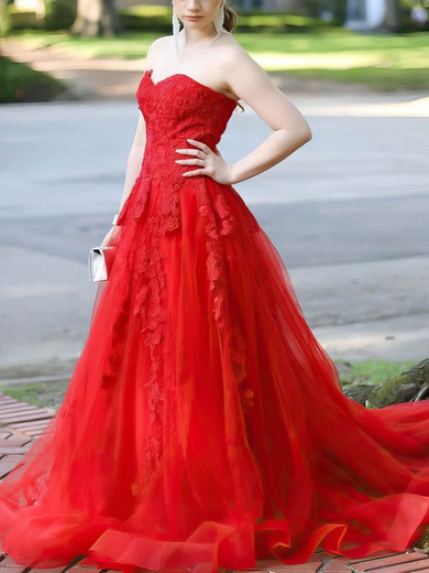 A-line Strapless Tulle Court Train Beading Prom Dresses #Favs020107033