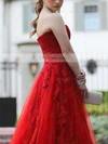 A-line Strapless Tulle Court Train Beading Prom Dresses #Favs020107033