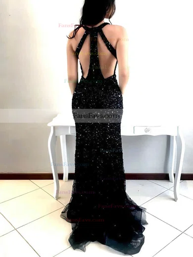 Trumpet/Mermaid V-neck Tulle Sweep Train Beading Prom Dresses #Favs020107037