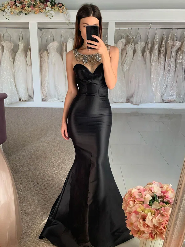 Trumpet/Mermaid Scoop Neck Satin Sweep Train Beading Prom Dresses #Favs020107038