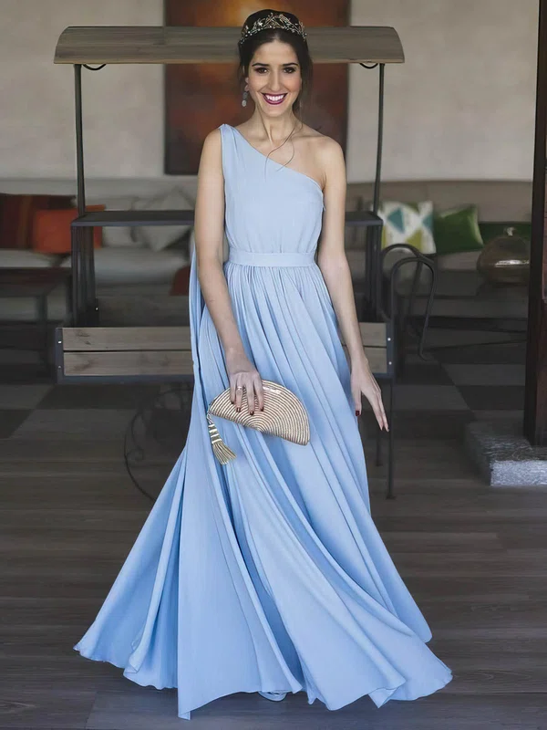 A-line One Shoulder Silk-like Satin Floor-length Ruffles Prom Dresses #Favs020107042