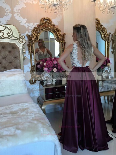 A-line V-neck Satin Floor-length Appliques Lace Prom Dresses #Favs020103548