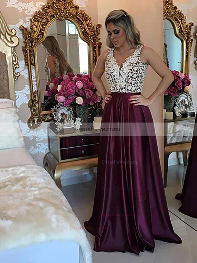 A-line V-neck Satin Floor-length Appliques Lace Prom Dresses #Favs020103548