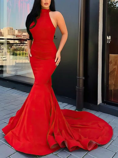 Trumpet/Mermaid Halter Silk-like Satin Court Train Cascading Ruffles Prom Dresses #Favs020107051