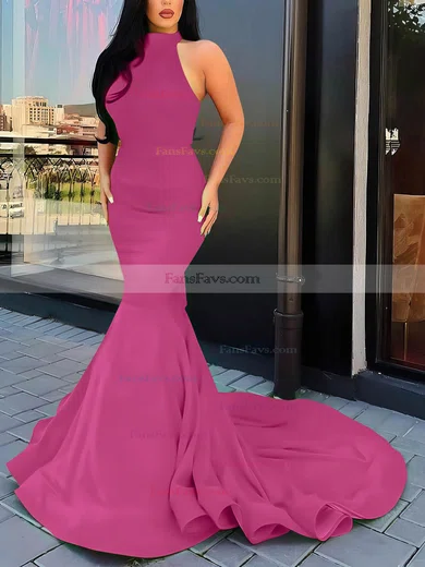 Trumpet/Mermaid Halter Silk-like Satin Court Train Cascading Ruffles Prom Dresses #Favs020107051