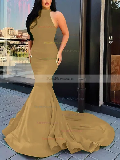 Trumpet/Mermaid Halter Silk-like Satin Court Train Cascading Ruffles Prom Dresses #Favs020107051