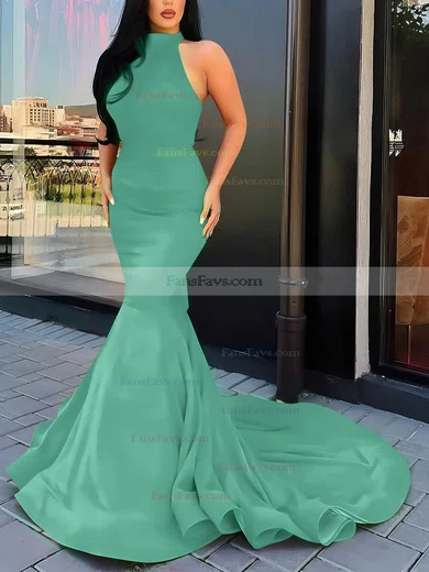 Trumpet/Mermaid Halter Silk-like Satin Court Train Cascading Ruffles Prom Dresses #Favs020107051