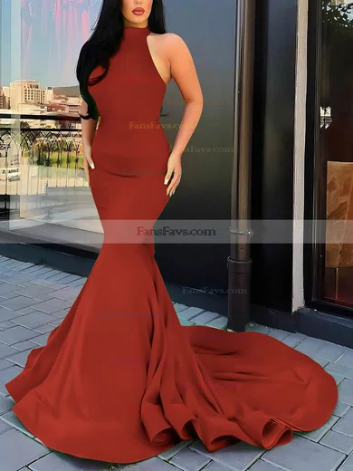 Trumpet/Mermaid Halter Silk-like Satin Court Train Cascading Ruffles Prom Dresses #Favs020107051