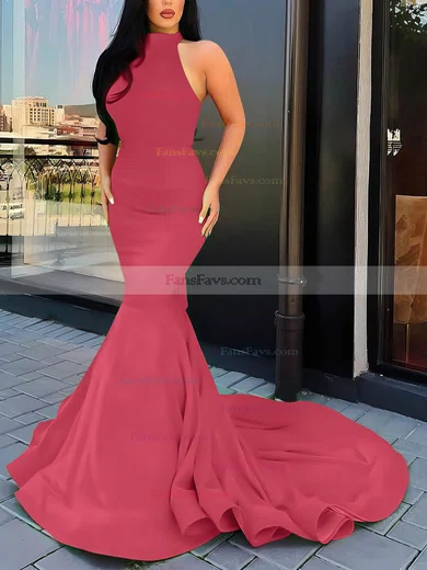Trumpet/Mermaid Halter Silk-like Satin Court Train Cascading Ruffles Prom Dresses #Favs020107051