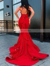 Trumpet/Mermaid Halter Silk-like Satin Court Train Cascading Ruffles Prom Dresses #Favs020107051