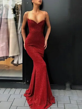 Trumpet/Mermaid V-neck Sequined Sweep Train Prom Dresses #Favs020107054