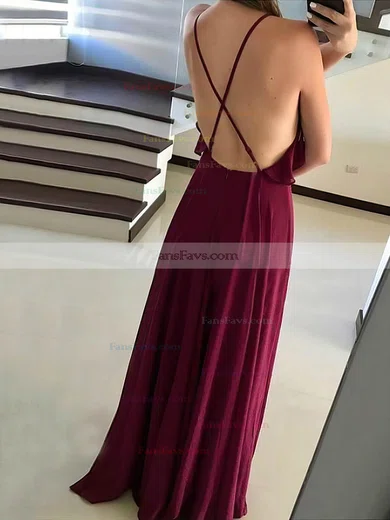 A-line V-neck Chiffon Sweep Train Cascading Ruffles Prom Dresses #Favs020107057