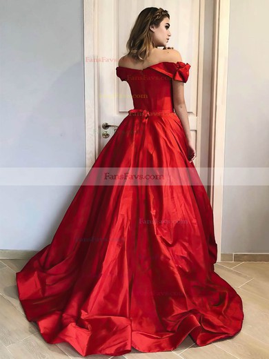 Ball Gown Off-the-shoulder Satin Court Train Sashes / Ribbons Prom Dresses #Favs020107058