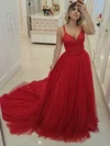 A-line V-neck Tulle Court Train Beading Prom Dresses #Favs020107061