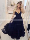 A-line V-neck Tulle Court Train Beading Prom Dresses #Favs020107061