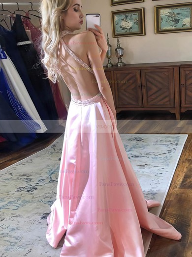 A-line High Neck Satin Sweep Train Beading Prom Dresses #Favs020107067