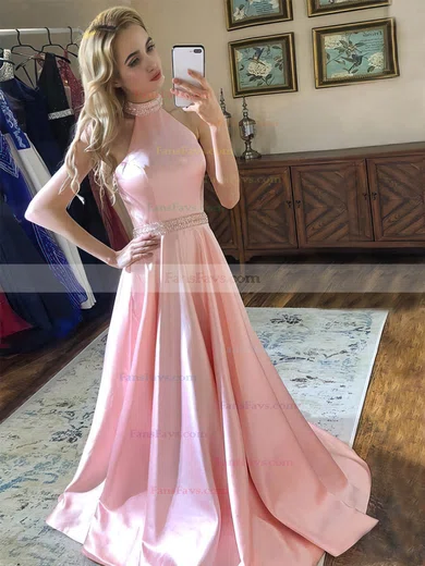 A-line High Neck Satin Sweep Train Beading Prom Dresses #Favs020107067