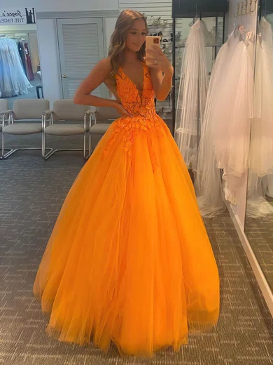 Ball Gown V-neck Tulle Floor-length Beading Prom Dresses #Favs020107073