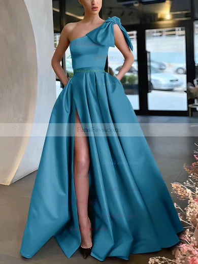 A-line One Shoulder Satin Sweep Train Bow Prom Dresses #Favs020107075